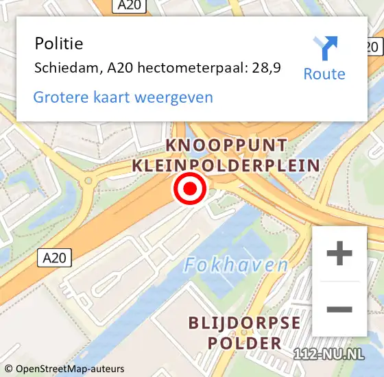 Locatie op kaart van de 112 melding: Politie Schiedam, A20 hectometerpaal: 28,9 op 14 april 2025 10:57