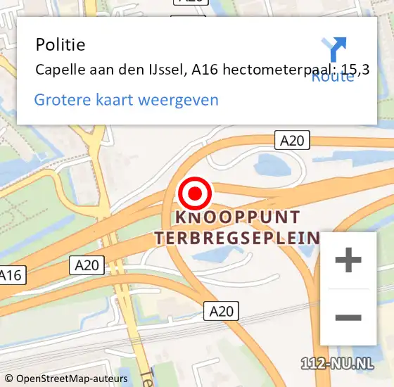 Locatie op kaart van de 112 melding: Politie Capelle aan den IJssel, A16 hectometerpaal: 15,3 op 14 april 2025 11:13