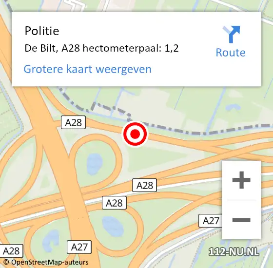 Locatie op kaart van de 112 melding: Politie De Bilt, A28 hectometerpaal: 1,2 op 14 april 2025 11:45
