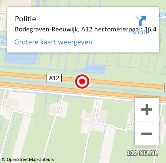 Locatie op kaart van de 112 melding: Politie Bodegraven-Reeuwijk, A12 hectometerpaal: 36,4 op 14 april 2025 13:06
