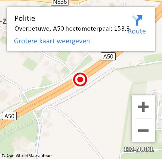 Locatie op kaart van de 112 melding: Politie Overbetuwe, A50 hectometerpaal: 153,3 op 14 april 2025 13:50