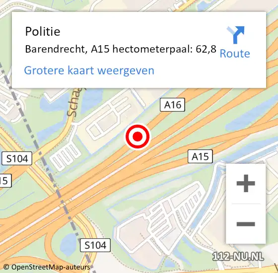 Locatie op kaart van de 112 melding: Politie Barendrecht, A15 hectometerpaal: 62,8 op 14 april 2025 14:47