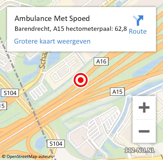 Locatie op kaart van de 112 melding: Ambulance Met Spoed Naar Barendrecht, A15 hectometerpaal: 62,8 op 14 april 2025 14:48