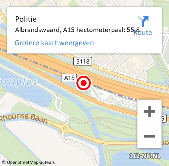 Locatie op kaart van de 112 melding: Politie Albrandswaard, A15 hectometerpaal: 55,8 op 14 april 2025 16:02