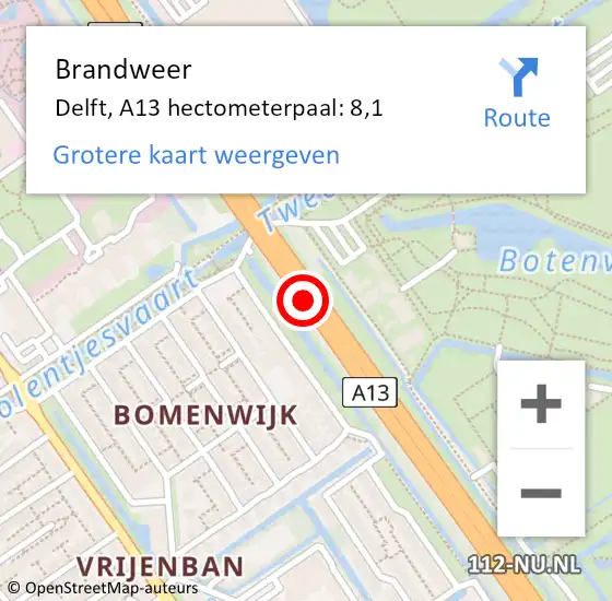 Locatie op kaart van de 112 melding: Brandweer Delft, A13 hectometerpaal: 8,1 op 14 april 2025 17:01