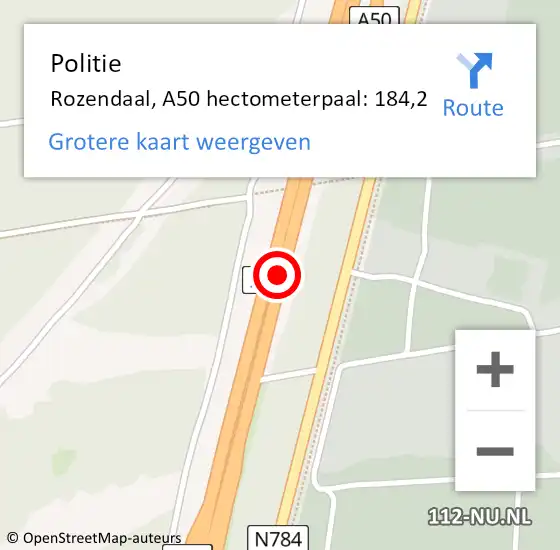 Locatie op kaart van de 112 melding: Politie Rozendaal, A50 hectometerpaal: 184,2 op 14 april 2025 17:16