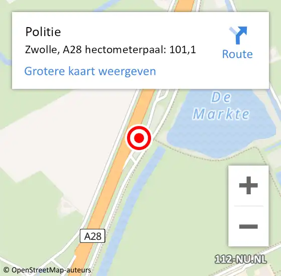 Locatie op kaart van de 112 melding: Politie Zwolle, A28 hectometerpaal: 101,1 op 14 april 2025 17:30