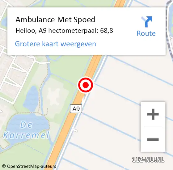 Locatie op kaart van de 112 melding: Ambulance Met Spoed Naar Heiloo, A9 hectometerpaal: 68,8 op 14 april 2025 17:38