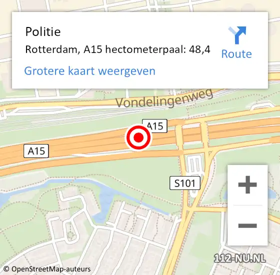 Locatie op kaart van de 112 melding: Politie Rotterdam, A15 hectometerpaal: 48,4 op 14 april 2025 18:08