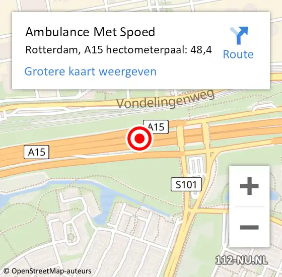 Locatie op kaart van de 112 melding: Ambulance Met Spoed Naar Rotterdam, A15 hectometerpaal: 48,4 op 14 april 2025 18:14