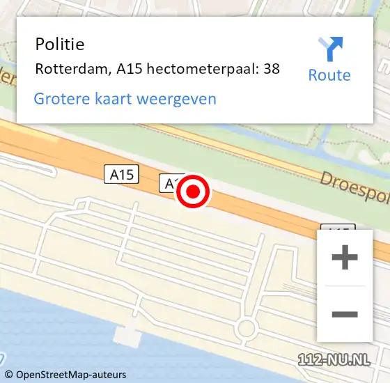 Locatie op kaart van de 112 melding: Politie Rotterdam, A15 hectometerpaal: 38 op 14 april 2025 18:45