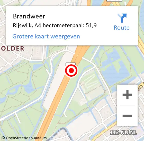 Locatie op kaart van de 112 melding: Brandweer Rijswijk, A4 hectometerpaal: 51,9 op 14 april 2025 19:11