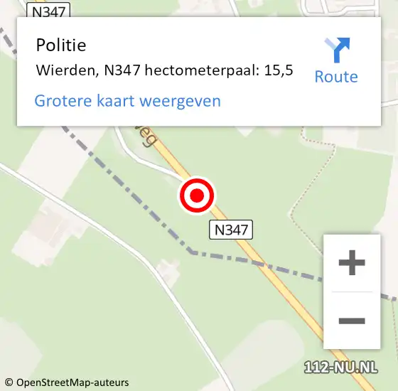 Locatie op kaart van de 112 melding: Politie Wierden, N347 hectometerpaal: 15,5 op 14 april 2025 21:15