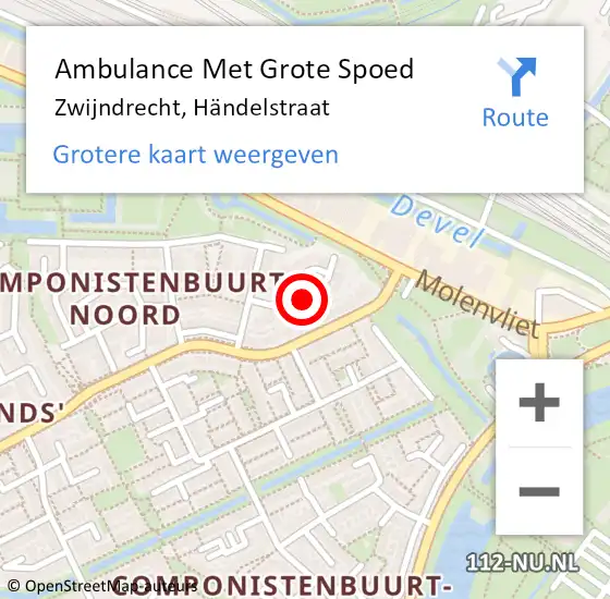 Locatie op kaart van de 112 melding: Ambulance Met Grote Spoed Naar Zwijndrecht, Händelstraat op 14 april 2025 22:25