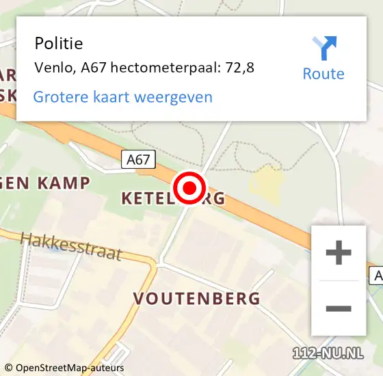 Locatie op kaart van de 112 melding: Politie Venlo, A67 hectometerpaal: 72,8 op 15 april 2025 02:04