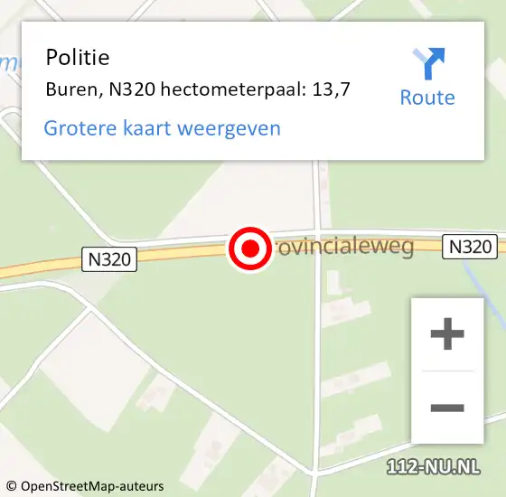 Locatie op kaart van de 112 melding: Politie Buren, N320 hectometerpaal: 13,7 op 15 april 2025 07:01