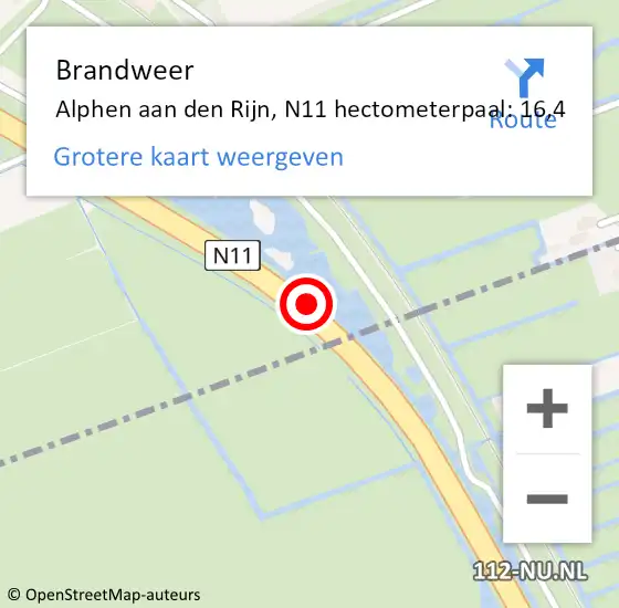 Locatie op kaart van de 112 melding: Brandweer Alphen aan den Rijn, N11 hectometerpaal: 16,4 op 15 april 2025 07:02