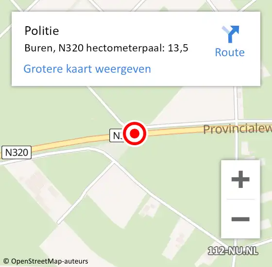 Locatie op kaart van de 112 melding: Politie Buren, N320 hectometerpaal: 13,5 op 15 april 2025 07:04