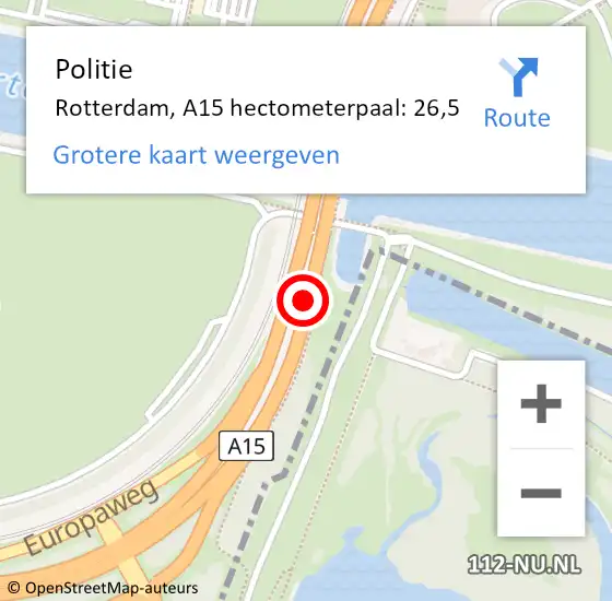 Locatie op kaart van de 112 melding: Politie Rotterdam, A15 hectometerpaal: 26,5 op 15 april 2025 07:35