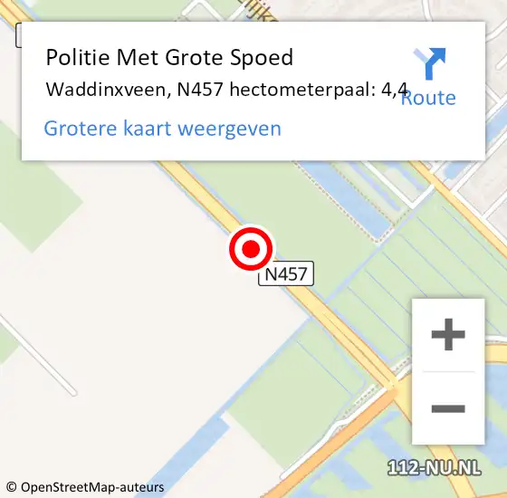 Locatie op kaart van de 112 melding: Politie Met Grote Spoed Naar Waddinxveen, N457 hectometerpaal: 4,4 op 15 april 2025 07:46