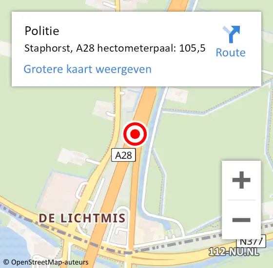 Locatie op kaart van de 112 melding: Politie Staphorst, A28 hectometerpaal: 105,5 op 15 april 2025 08:41