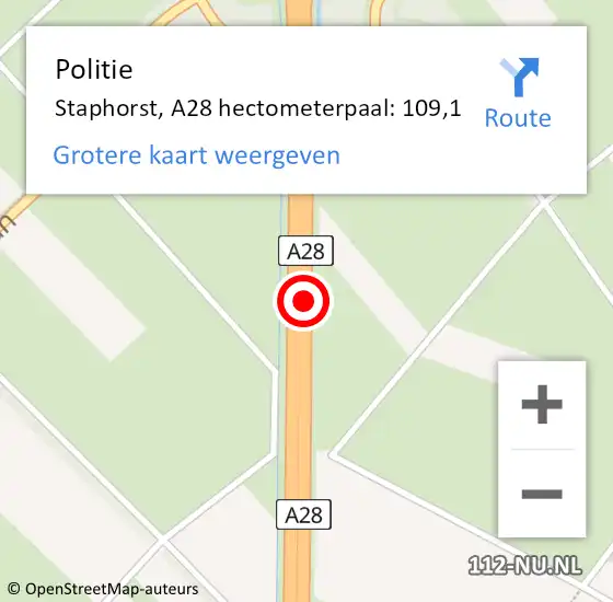 Locatie op kaart van de 112 melding: Politie Staphorst, A28 hectometerpaal: 109,1 op 15 april 2025 09:21