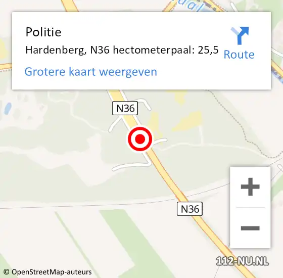 Locatie op kaart van de 112 melding: Politie Hardenberg, N36 hectometerpaal: 25,5 op 15 april 2025 09:31