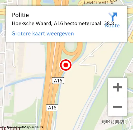 Locatie op kaart van de 112 melding: Politie Hoeksche Waard, A16 hectometerpaal: 38,8 op 15 april 2025 10:13