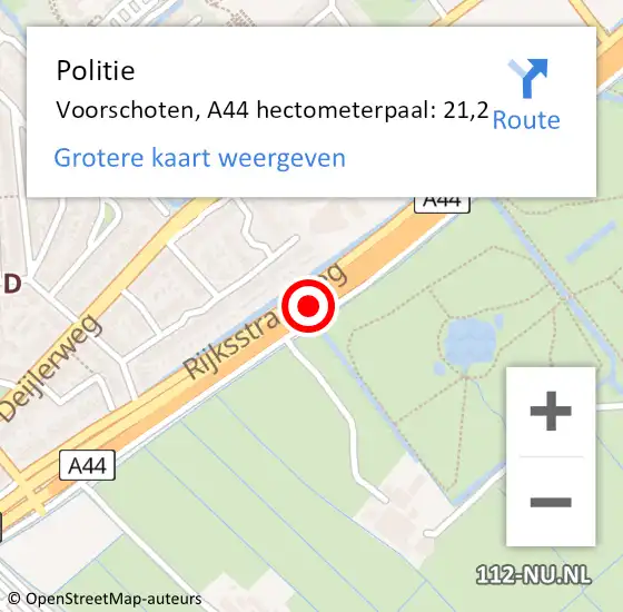 Locatie op kaart van de 112 melding: Politie Voorschoten, A44 hectometerpaal: 21,2 op 15 april 2025 10:50