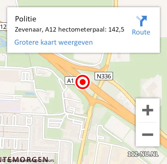 Locatie op kaart van de 112 melding: Politie Zevenaar, A12 hectometerpaal: 142,5 op 15 april 2025 10:54