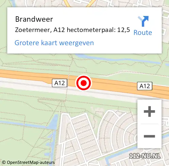 Locatie op kaart van de 112 melding: Brandweer Zoetermeer, A12 hectometerpaal: 12,5 op 15 april 2025 12:38