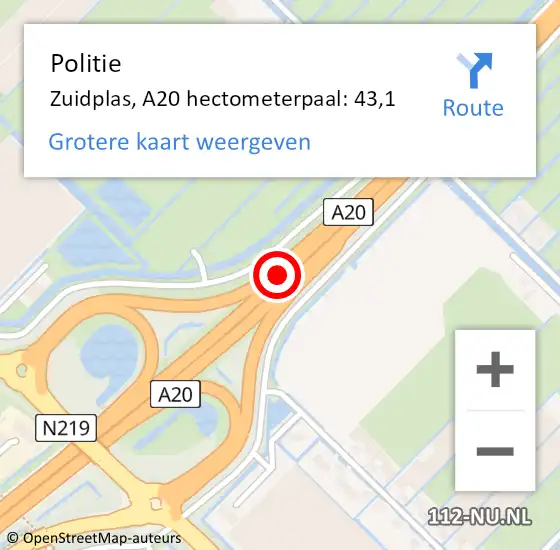 Locatie op kaart van de 112 melding: Politie Zuidplas, A20 hectometerpaal: 43,1 op 15 april 2025 15:03