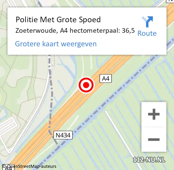 Locatie op kaart van de 112 melding: Politie Met Grote Spoed Naar Zoeterwoude, A4 hectometerpaal: 36,5 op 15 april 2025 16:02