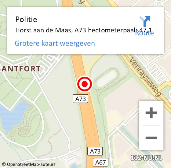 Locatie op kaart van de 112 melding: Politie Horst aan de Maas, A73 hectometerpaal: 47,1 op 15 april 2025 18:17