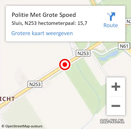 Locatie op kaart van de 112 melding: Politie Met Grote Spoed Naar Sluis, N253 hectometerpaal: 15,7 op 15 april 2025 18:24