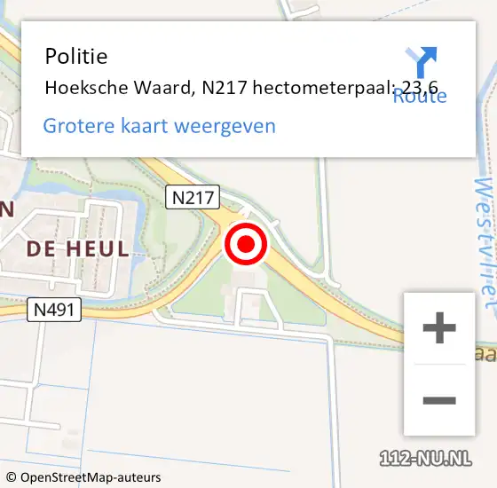 Locatie op kaart van de 112 melding: Politie Hoeksche Waard, N217 hectometerpaal: 23,6 op 15 april 2025 18:28