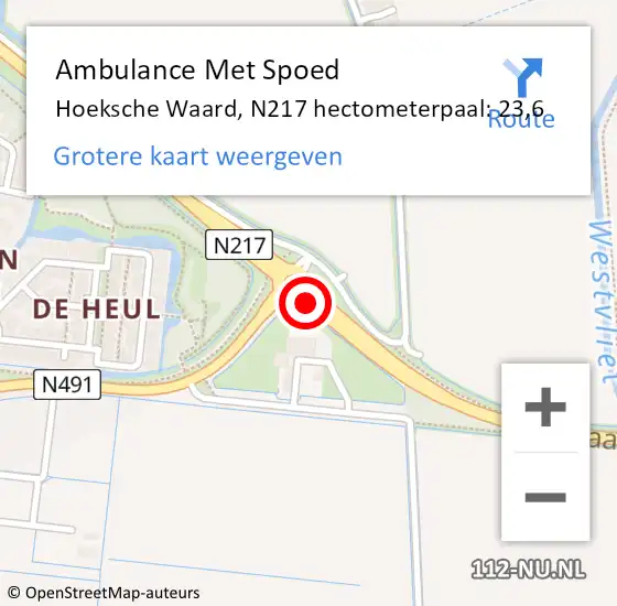 Locatie op kaart van de 112 melding: Ambulance Met Spoed Naar Hoeksche Waard, N217 hectometerpaal: 23,6 op 15 april 2025 18:29