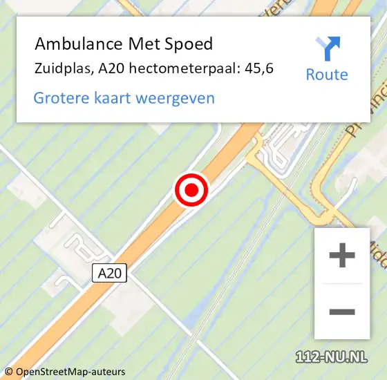 Locatie op kaart van de 112 melding: Ambulance Met Spoed Naar Zuidplas, A20 hectometerpaal: 45,6 op 15 april 2025 20:20