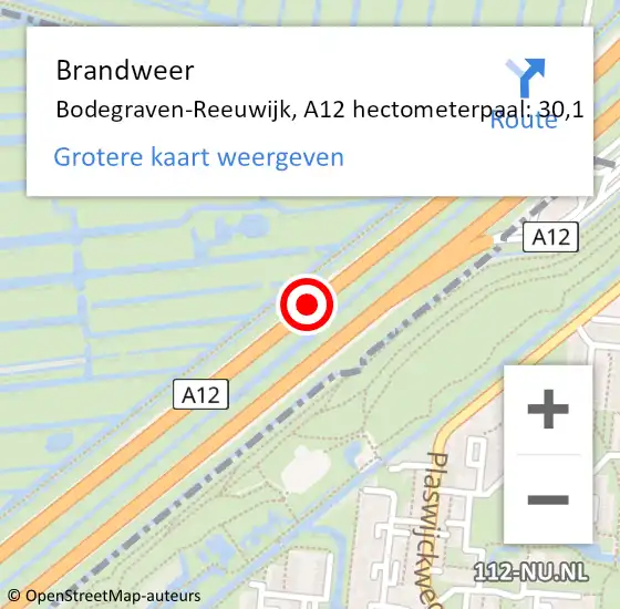 Locatie op kaart van de 112 melding: Brandweer Bodegraven-Reeuwijk, A12 hectometerpaal: 30,1 op 16 april 2025 07:12