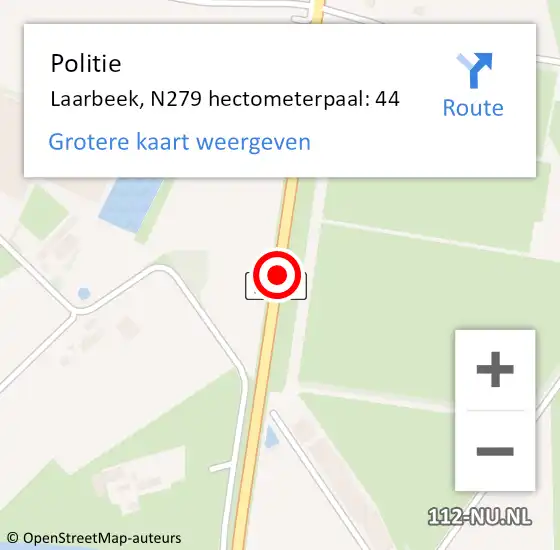 Locatie op kaart van de 112 melding: Politie Laarbeek, N279 hectometerpaal: 44 op 16 april 2025 07:56