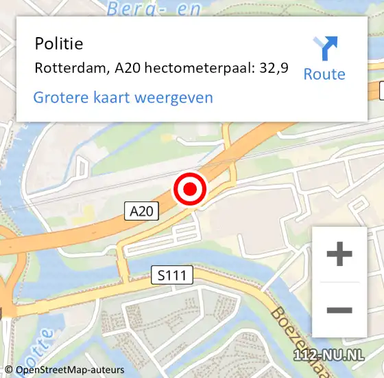 Locatie op kaart van de 112 melding: Politie Rotterdam, A20 hectometerpaal: 32,9 op 16 april 2025 08:07