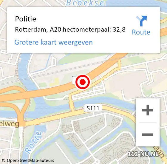 Locatie op kaart van de 112 melding: Politie Rotterdam, A20 hectometerpaal: 32,8 op 16 april 2025 08:09