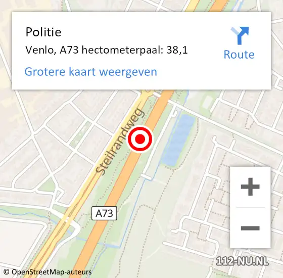 Locatie op kaart van de 112 melding: Politie Venlo, A73 hectometerpaal: 38,1 op 16 april 2025 08:26
