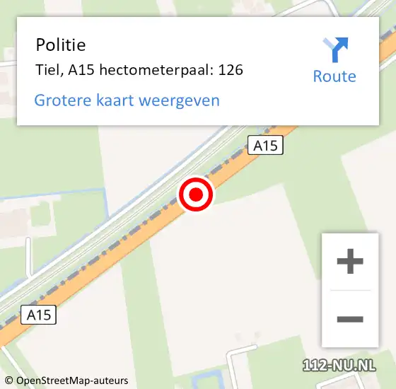 Locatie op kaart van de 112 melding: Politie Buren, A15 hectometerpaal: 126 op 16 april 2025 09:50