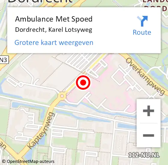 Locatie op kaart van de 112 melding: Ambulance Met Spoed Naar Dordrecht, Karel Lotsyweg op 16 april 2025 14:15