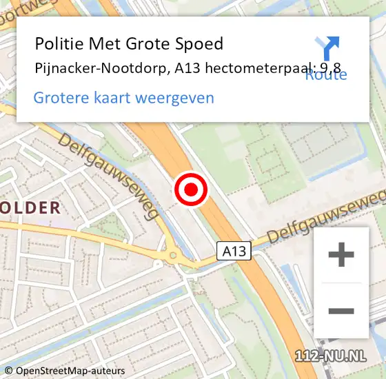 Locatie op kaart van de 112 melding: Politie Met Grote Spoed Naar Pijnacker-Nootdorp, A13 hectometerpaal: 9,8 op 17 april 2025 16:51