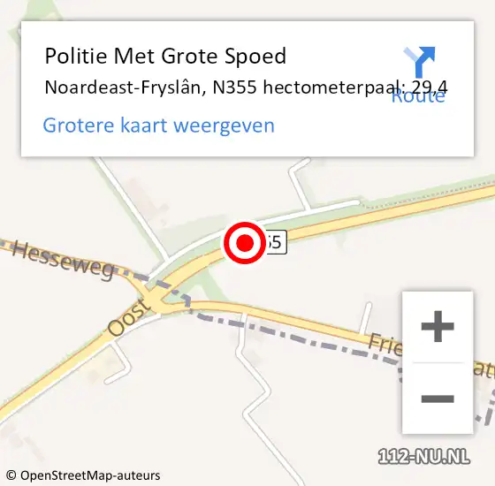 Locatie op kaart van de 112 melding: Politie Met Grote Spoed Naar Noardeast-Fryslân, N355 hectometerpaal: 29,4 op 18 april 2025 11:51