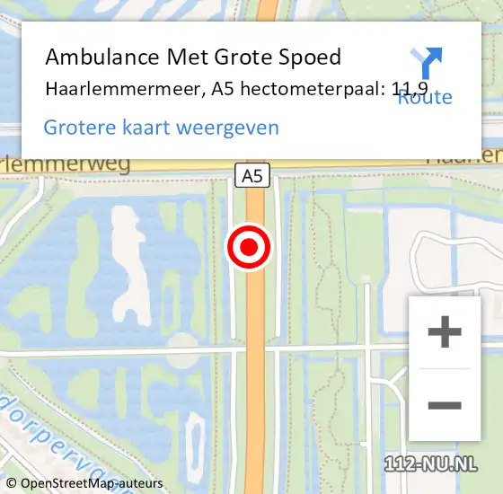 Locatie op kaart van de 112 melding: Ambulance Met Grote Spoed Naar Haarlemmermeer, A5 hectometerpaal: 11,9 op 18 april 2025 16:05