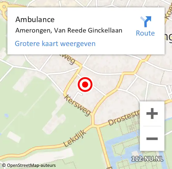 Locatie op kaart van de 112 melding: Ambulance Amerongen, Van Reede Ginckellaan op 13 november 2014 20:56