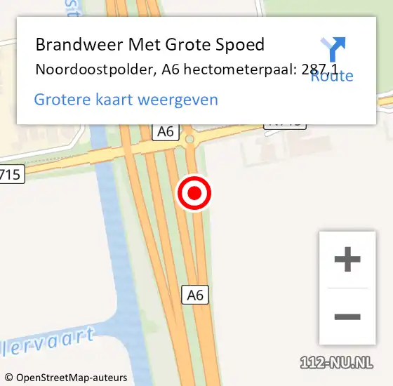 Locatie op kaart van de 112 melding: Brandweer Met Grote Spoed Naar Noordoostpolder, A6 hectometerpaal: 287,1 op 19 april 2025 16:29